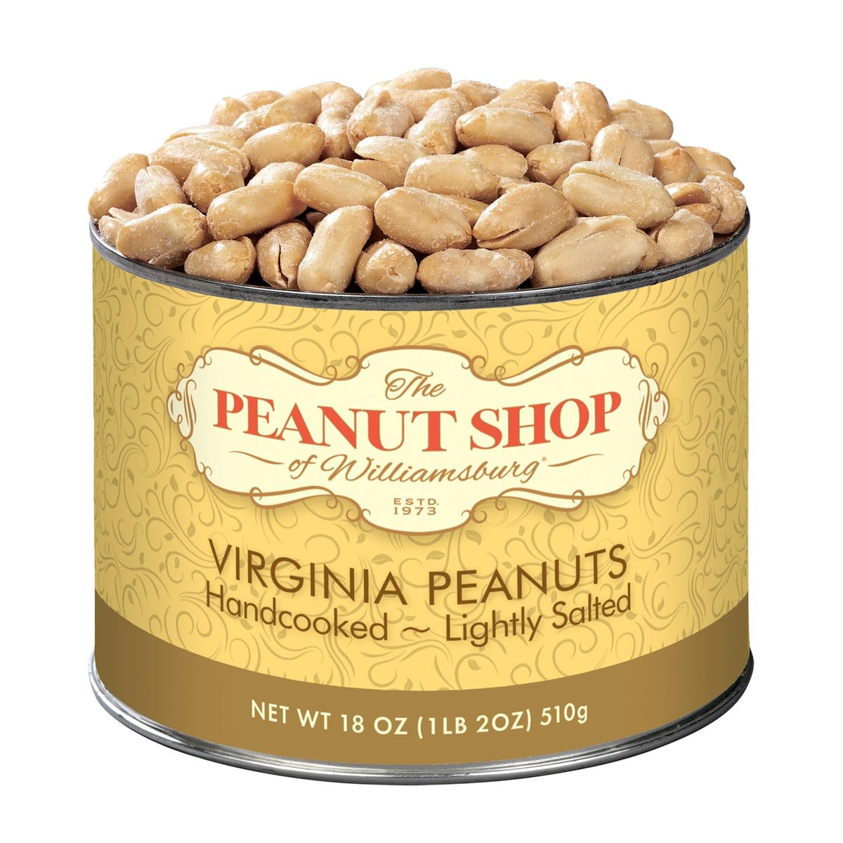 The Peanut Shop of Williamsburg lightly salted Virginia peanuts in a tin, premium snack for gatherings.