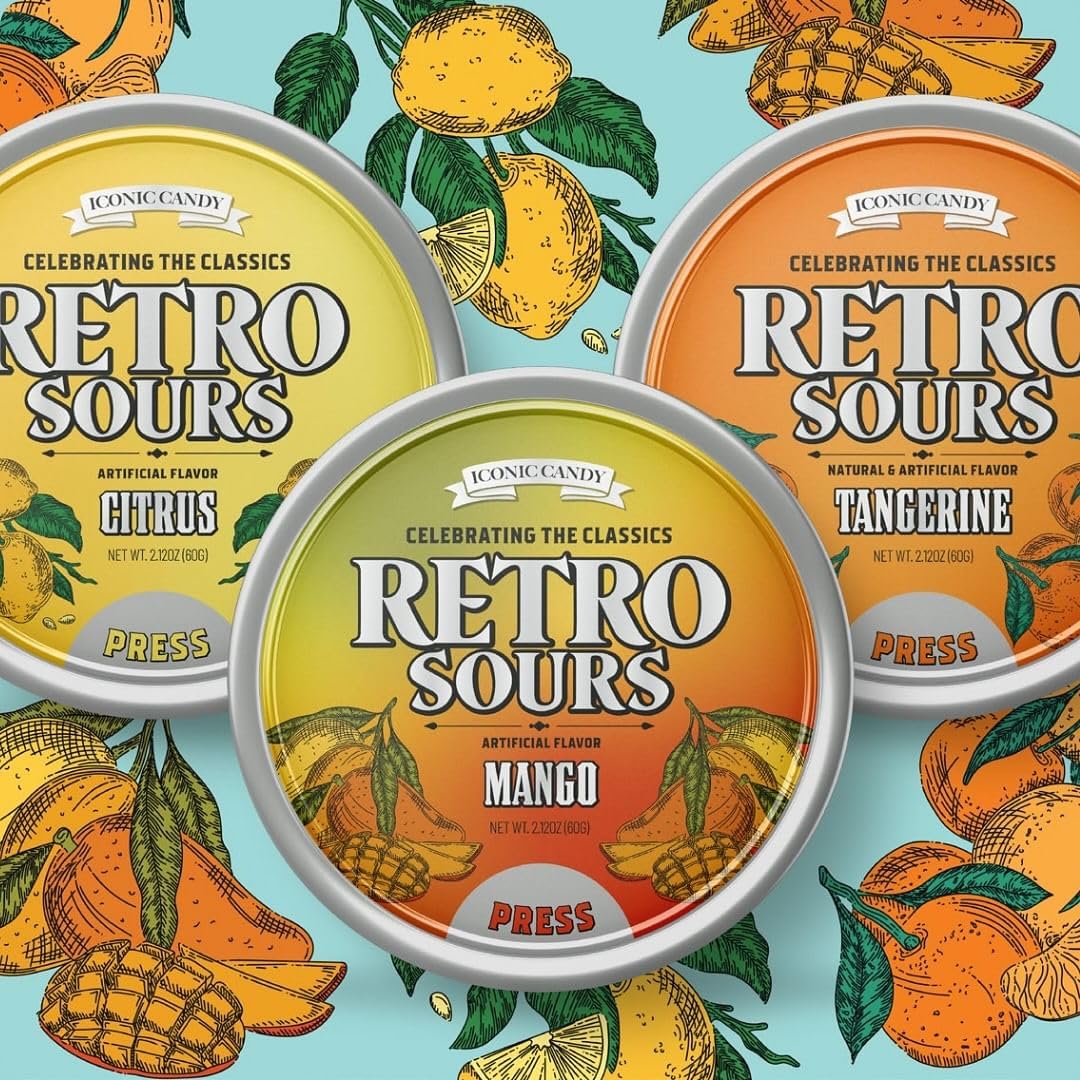 The Penny Candy Store Retro Sours tins for snacking and sharing, with tangy fruity flavors.