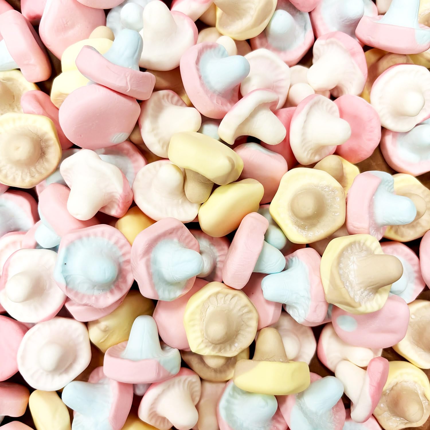 The Penny Candy Store Swedish Foam Mushroom Mix 8 oz bag, soft foam marshmallows ideal for sharing.