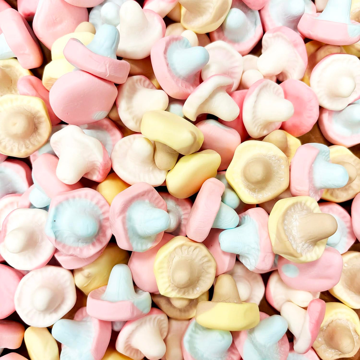 The Penny Candy Store Swedish Foam Mushroom Mix 8 oz bag, soft foam marshmallows ideal for sharing.