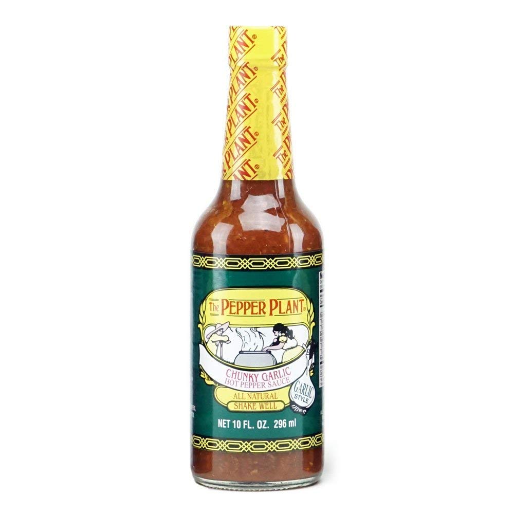 The Pepper Plant chunky garlic hot sauce bottle showing garlic pieces for tacos and eggs