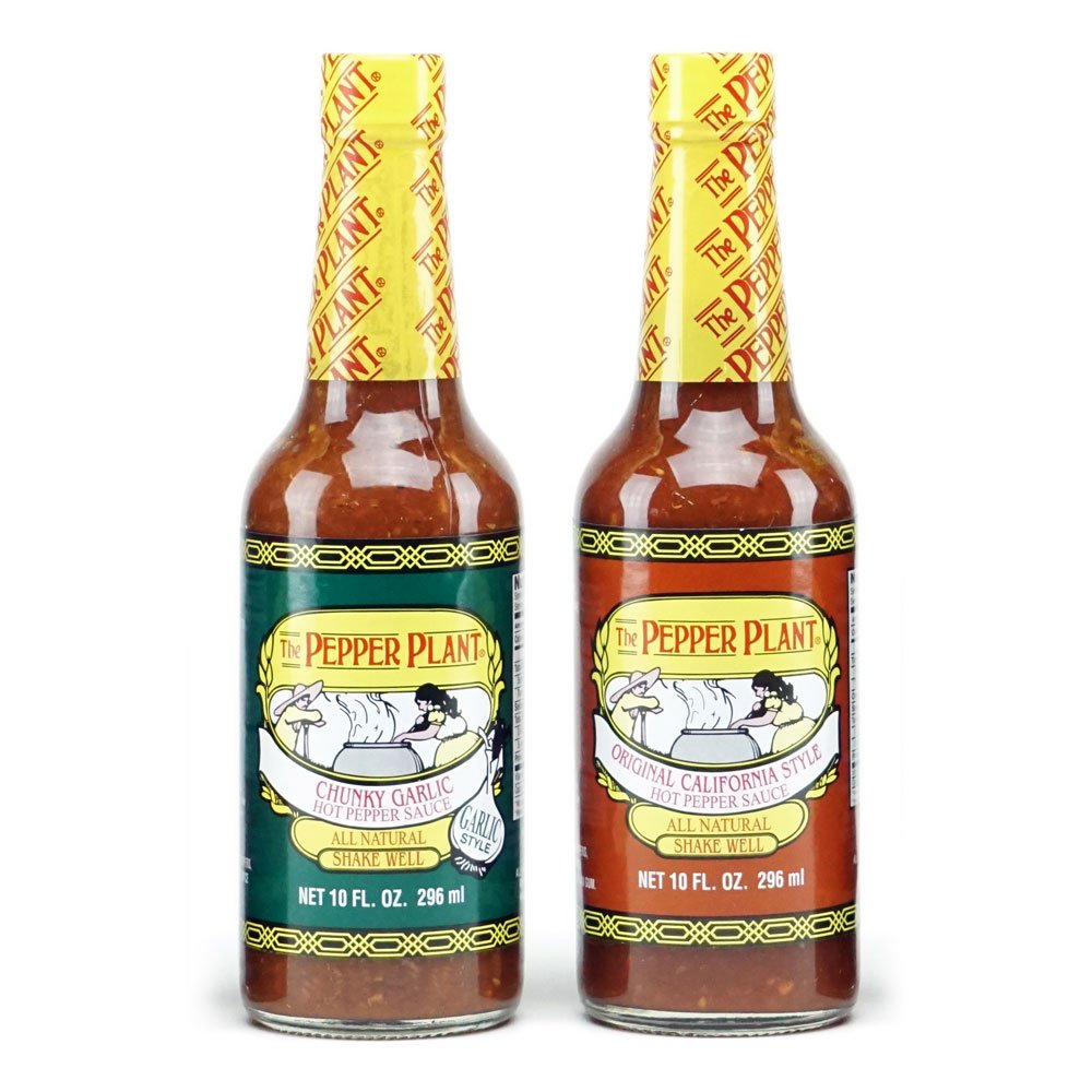 The Pepper Plant Original & Chunky Garlic hot sauce combo bottle for cooking, grilling, and dipping.