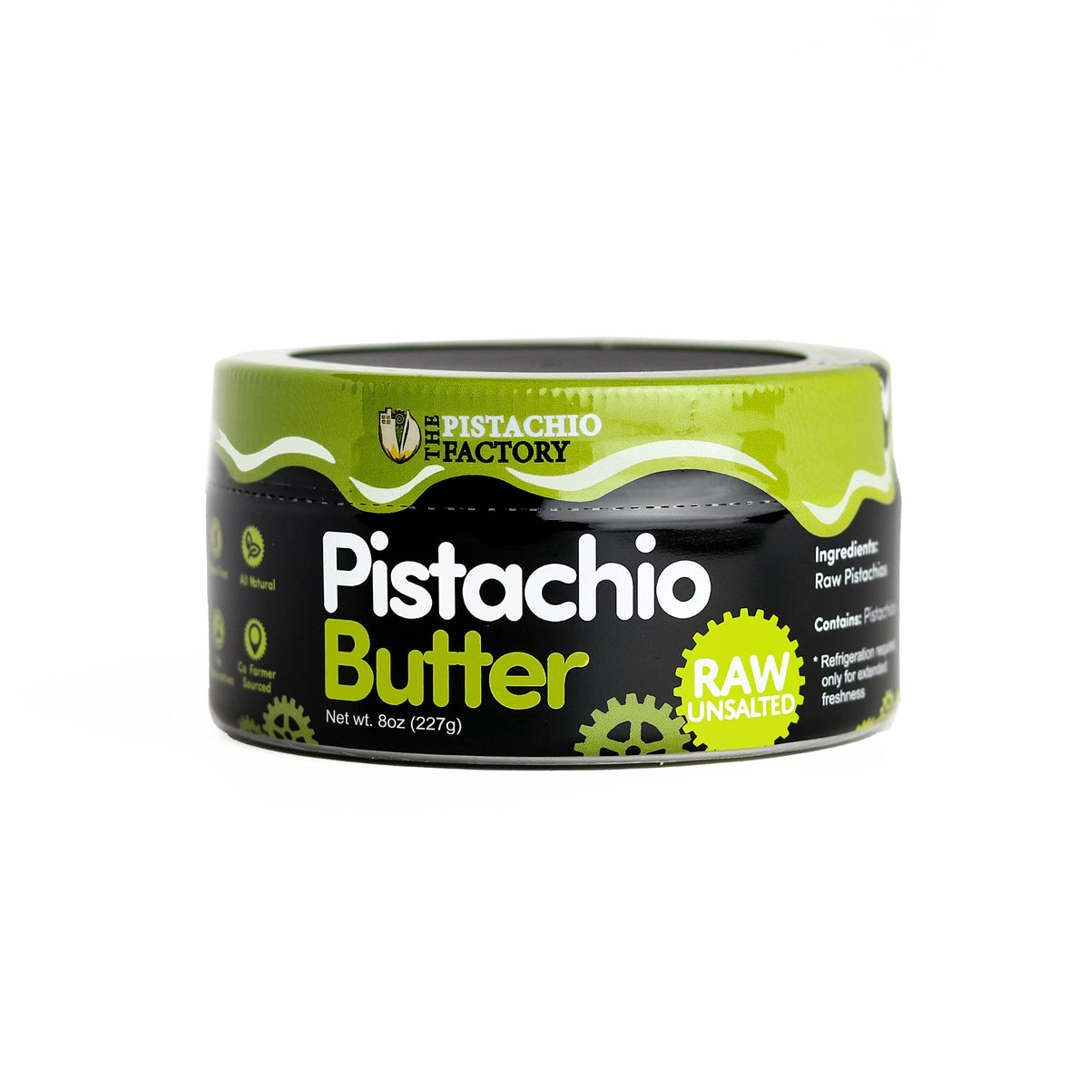 The Pistachio Factory pistachio butter jar—protein-rich, dairy-free spread.