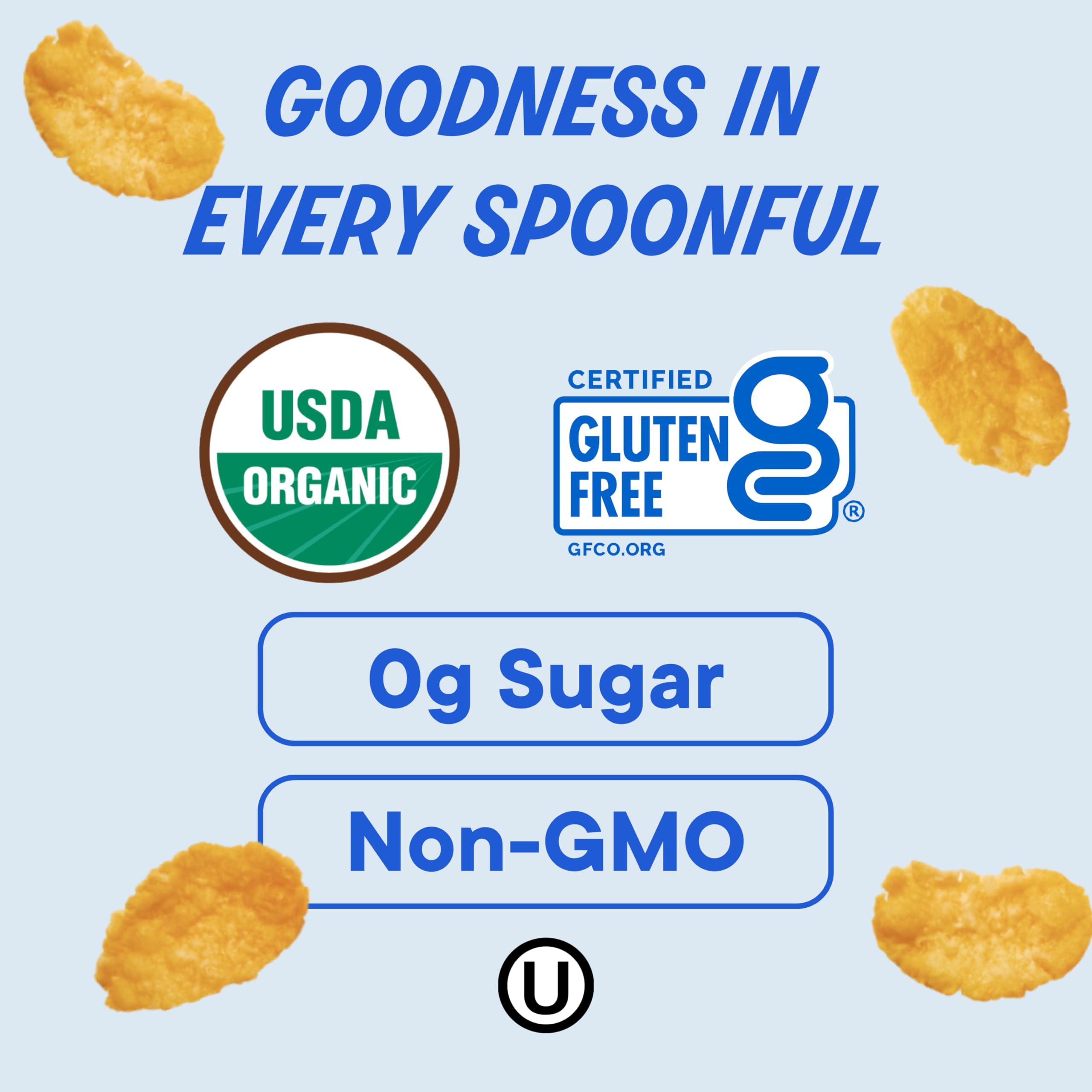 The Real Cereal Company Organic Corn Flakes gluten-free badge on box, gluten-free breakfast option.