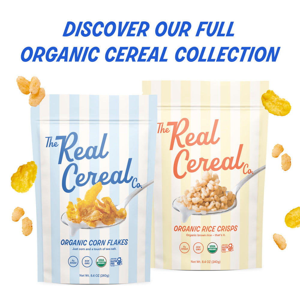 The Real Cereal Company serving bowl with corn flakes and milk, quick breakfast idea.