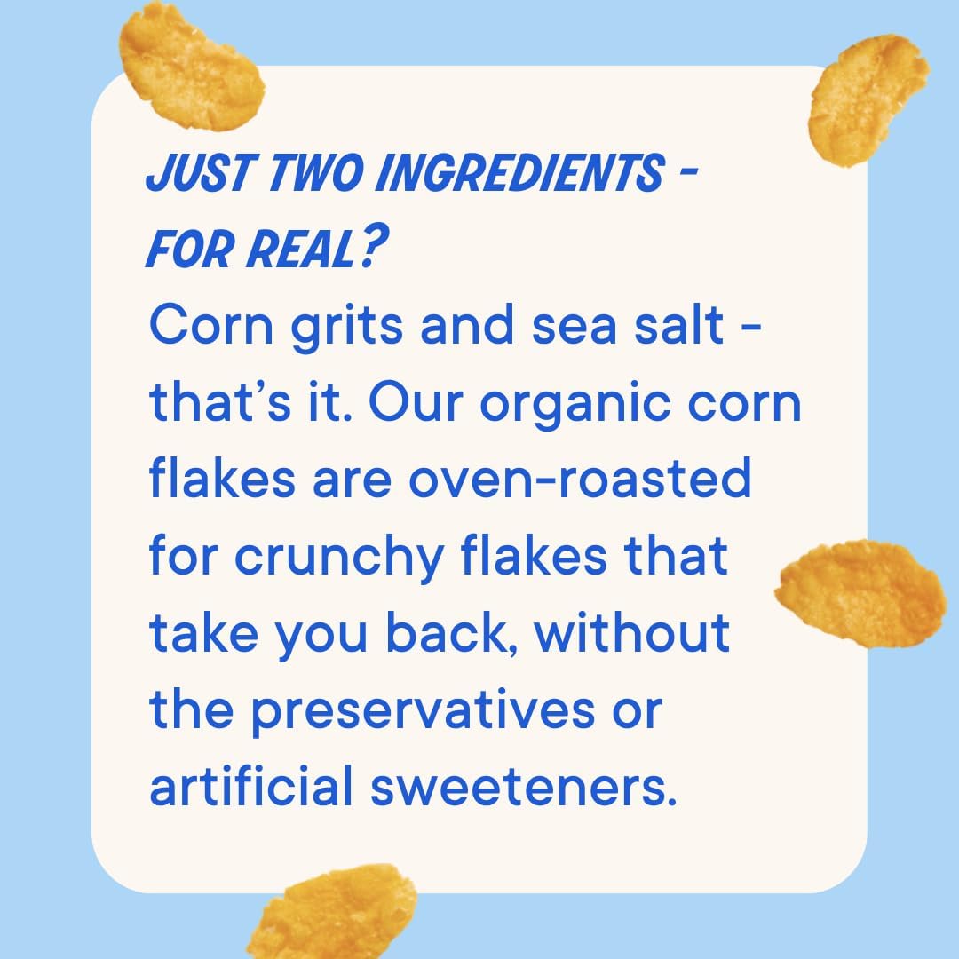 The Real Cereal Company Organic Corn Flakes with zero sugar label, a sugar-free choice.