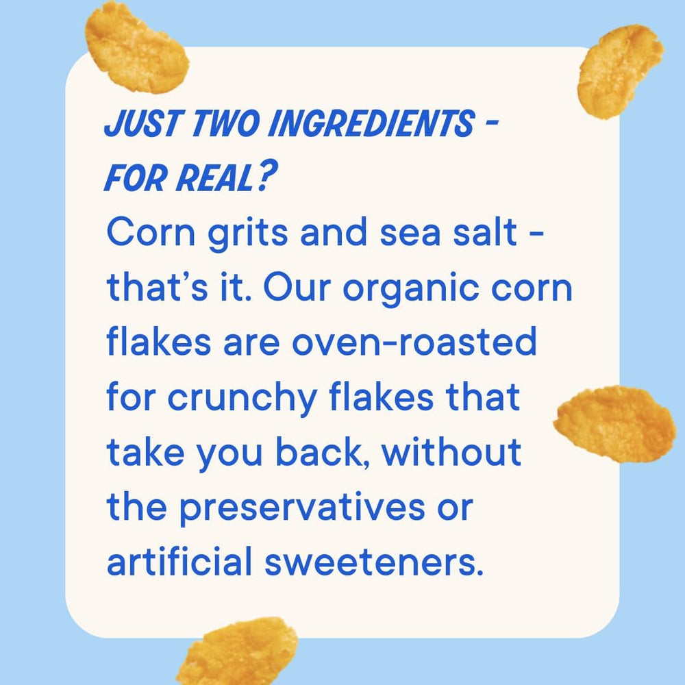 The Real Cereal Company Organic Corn Flakes with zero sugar label, a sugar-free choice.