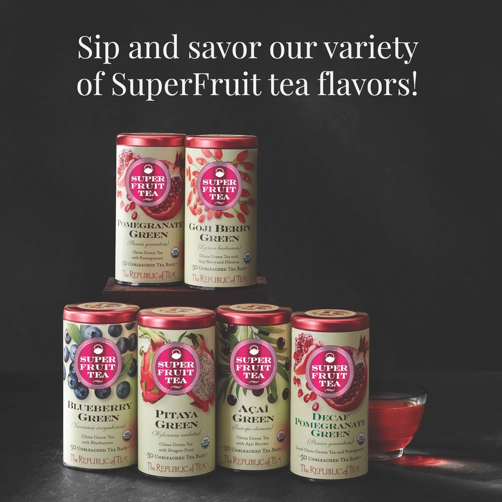 The Republic of Tea Acai Berry Green Tea label close-up—organic ingredients and quality craft