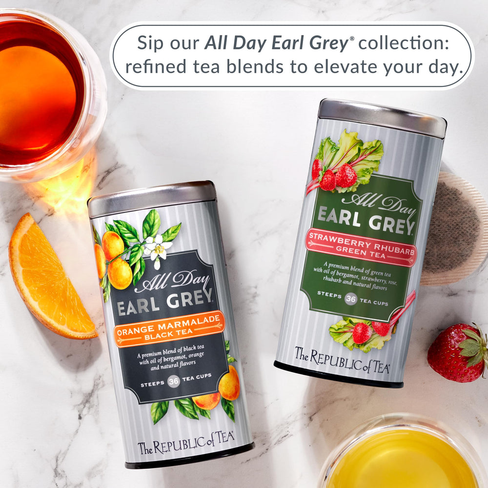 The Republic of Tea All Day Earl Grey Orange Marmalade brewed tea over ice for refreshing twist.