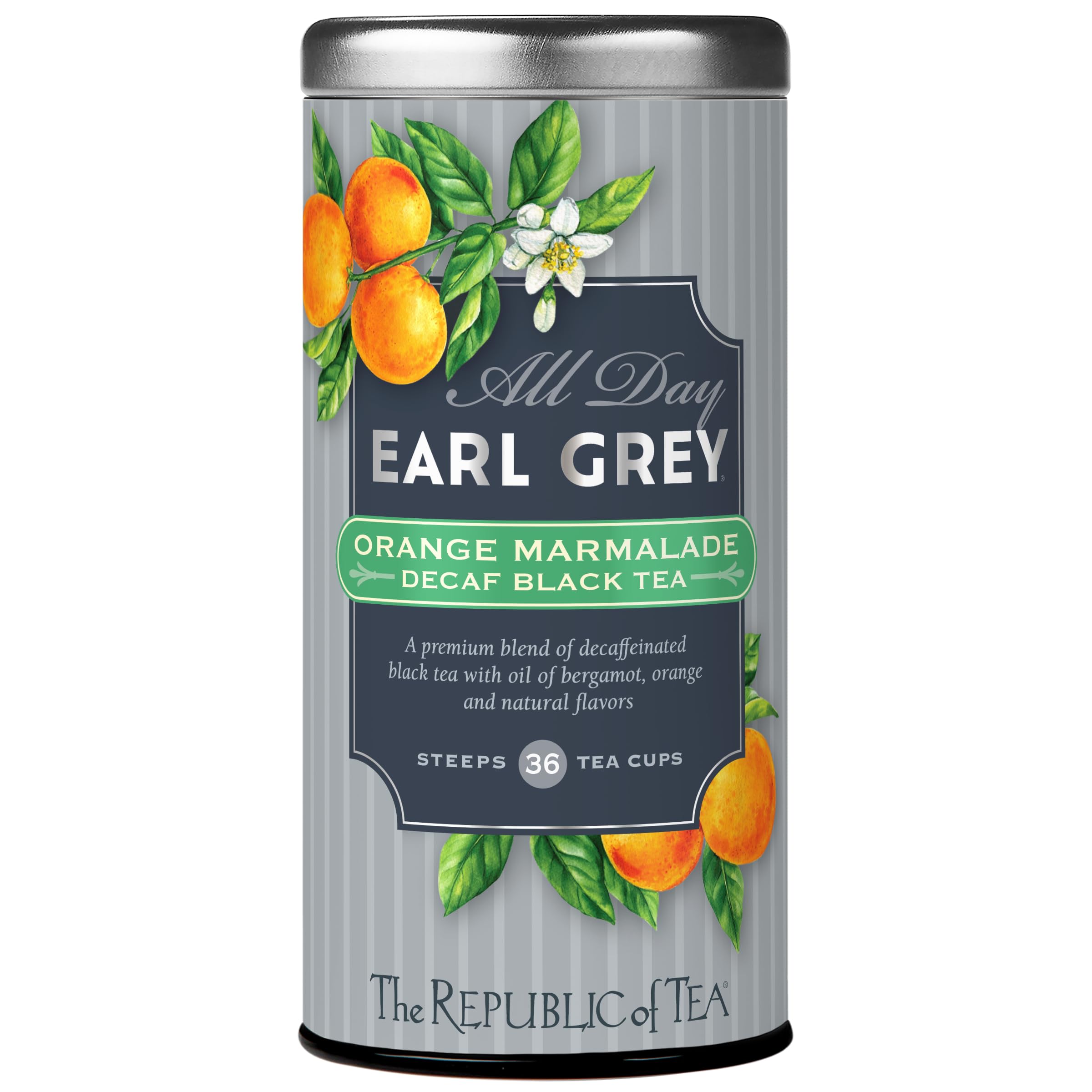 The Republic of Tea All Day Earl Grey Orange Marmalade decaf tea bag for a caffeine-free afternoon.