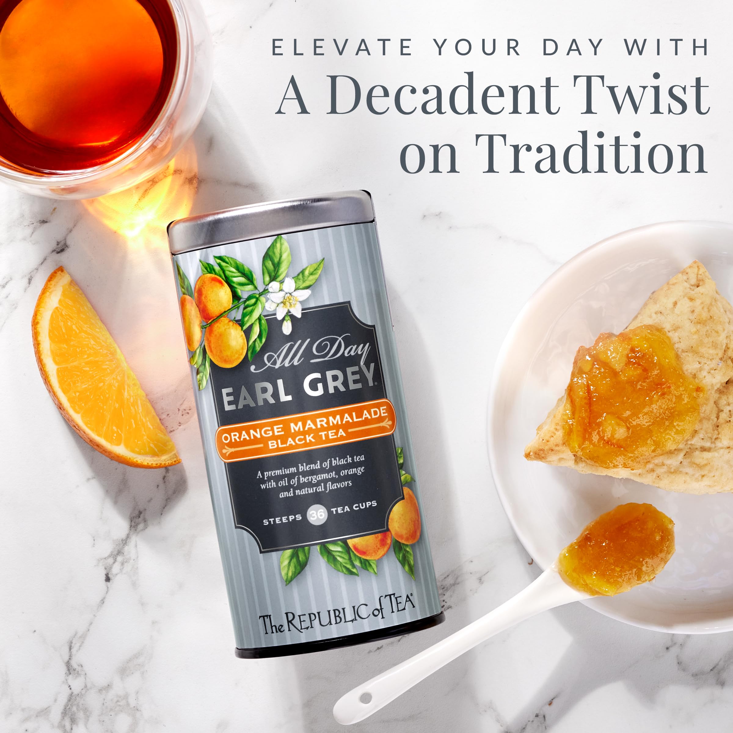 The Republic of Tea All Day Earl Grey Orange Marmalade label signals premium notes.