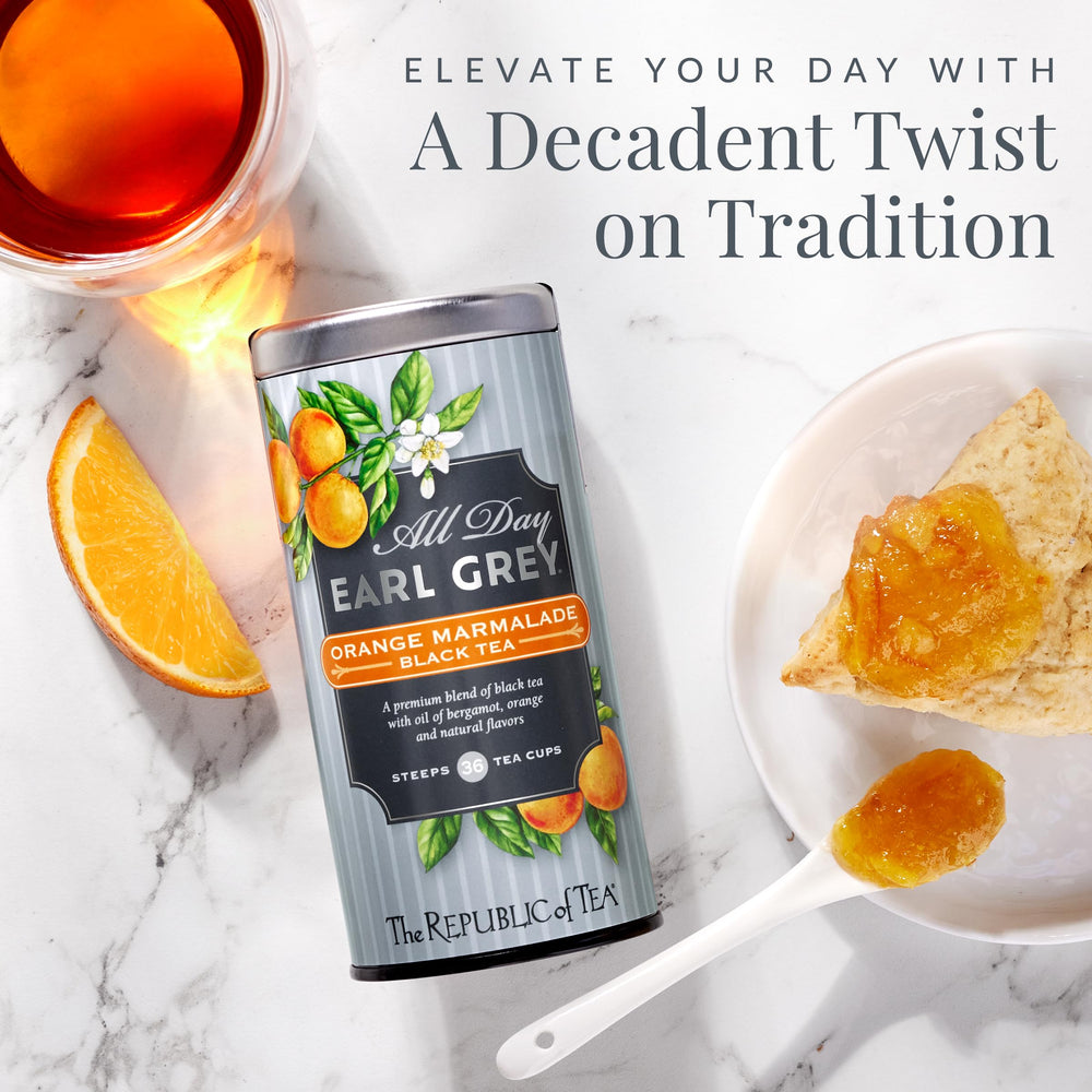 The Republic of Tea All Day Earl Grey Orange Marmalade label signals premium notes.