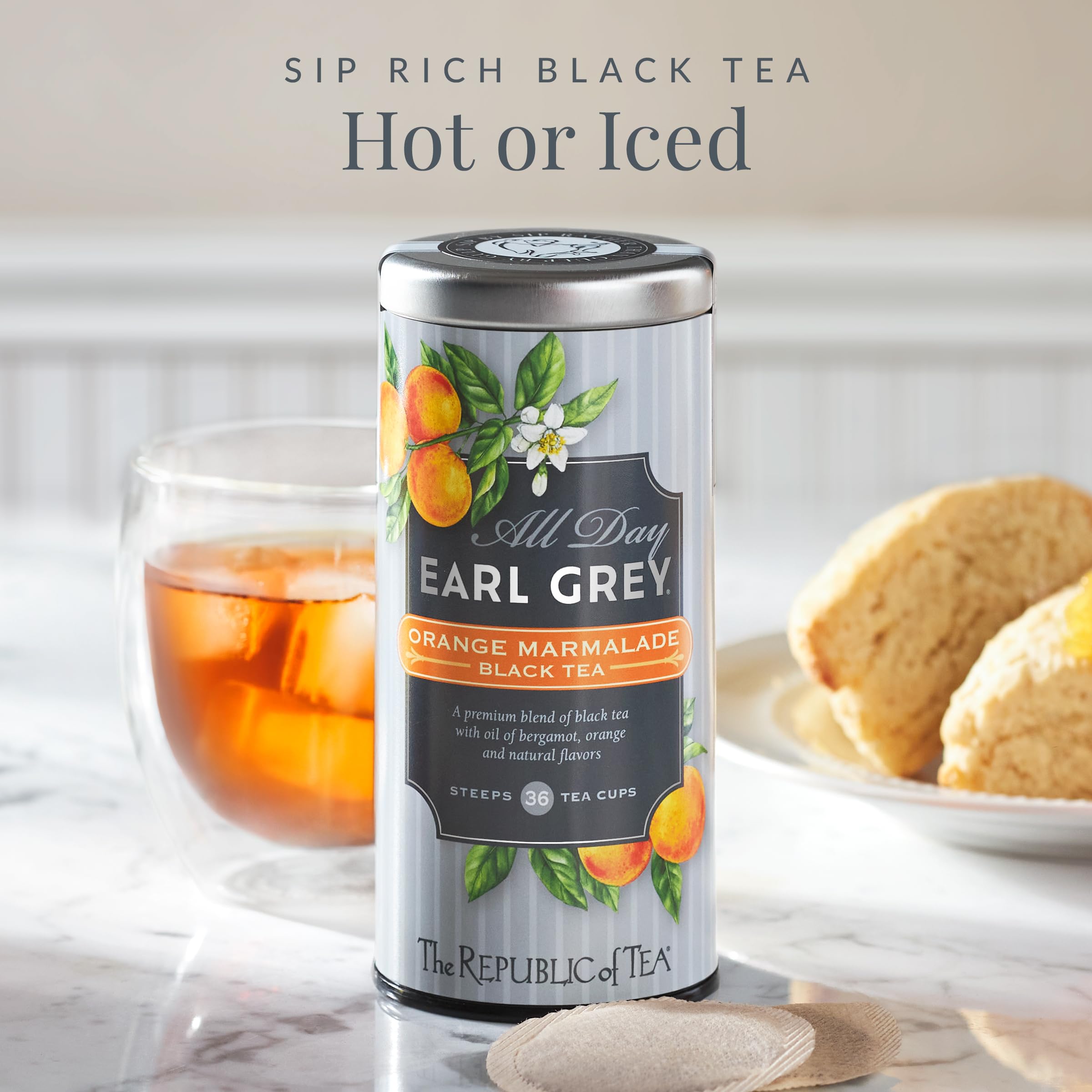The Republic of Tea All Day Earl Grey Orange Marmalade steeping scene highlights a comforting moment.