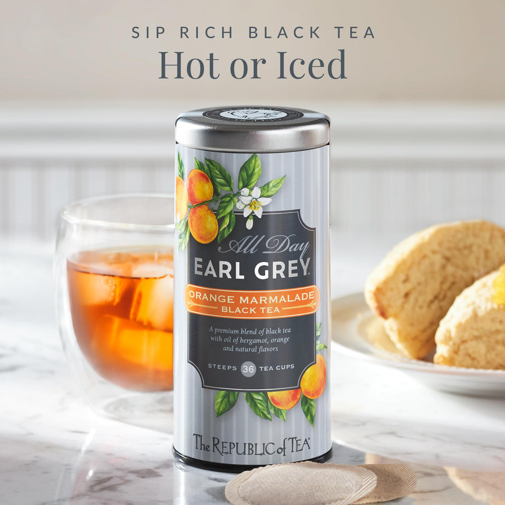 The Republic of Tea All Day Earl Grey Orange Marmalade steeping scene highlights a comforting moment.
