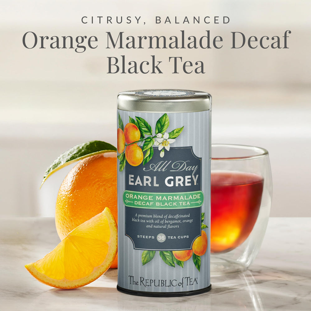 The Republic of Tea orange peel and bergamot closeup highlights citrus aroma.