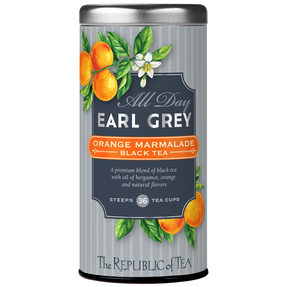 The Republic of Tea All Day Earl Grey Orange Marmalade tea bags offer quick, aromatic lift.