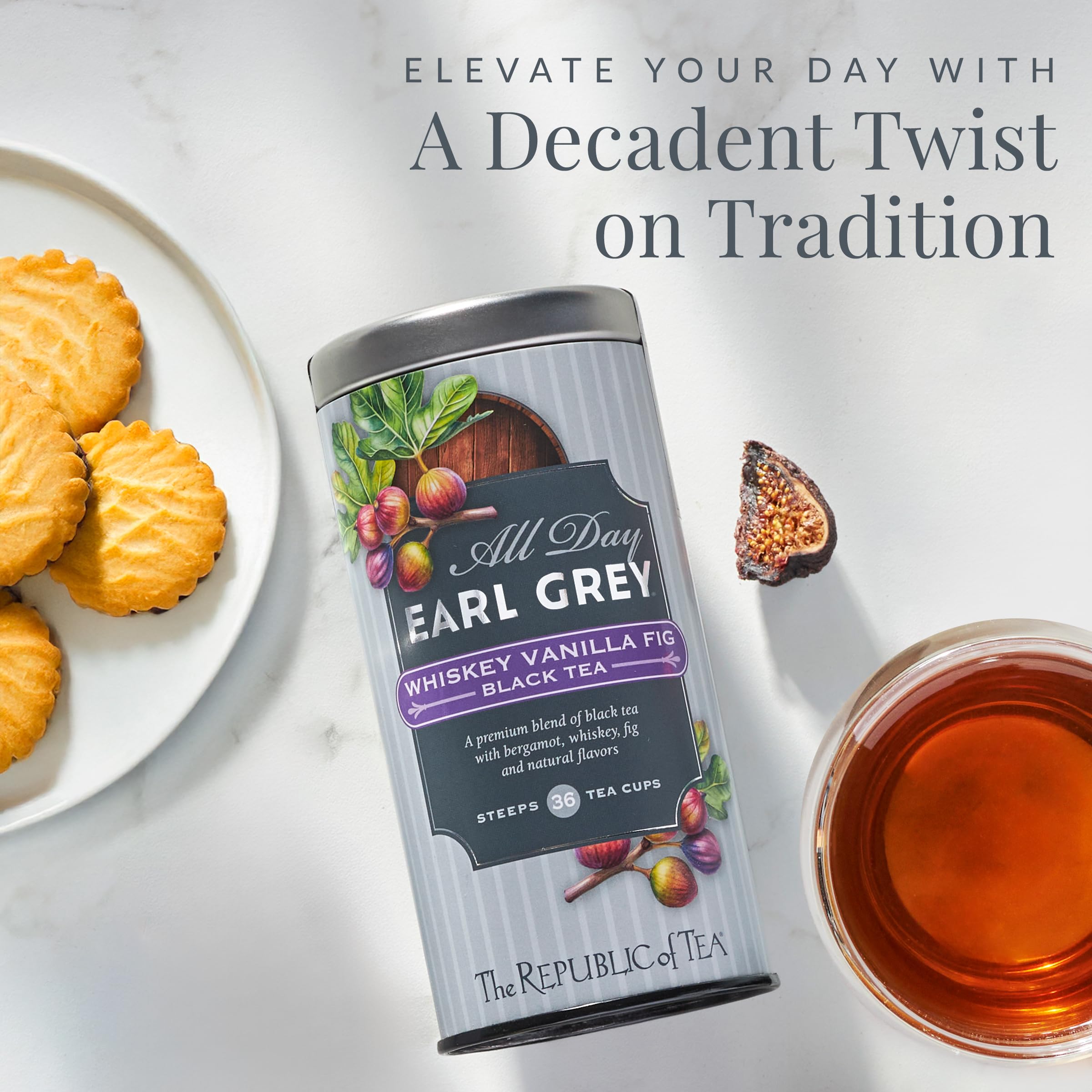 The Republic of Tea loose-leaf blend with orange peel and vanilla caramel aromas.