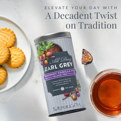 The Republic of Tea loose-leaf blend with orange peel and vanilla caramel aromas.