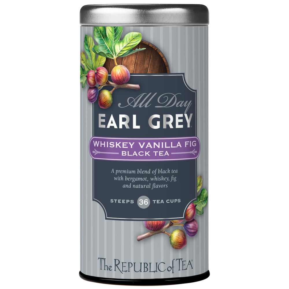 The Republic of Tea All Day Earl Grey Whiskey Vanilla Fig tea bags brewing a refined afternoon.