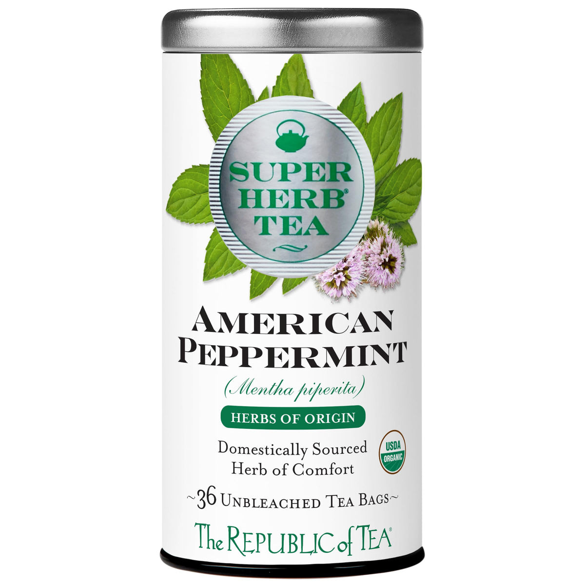 The Republic of Tea American Peppermint SuperHerb tea tin, caffeine-free refreshment for any time