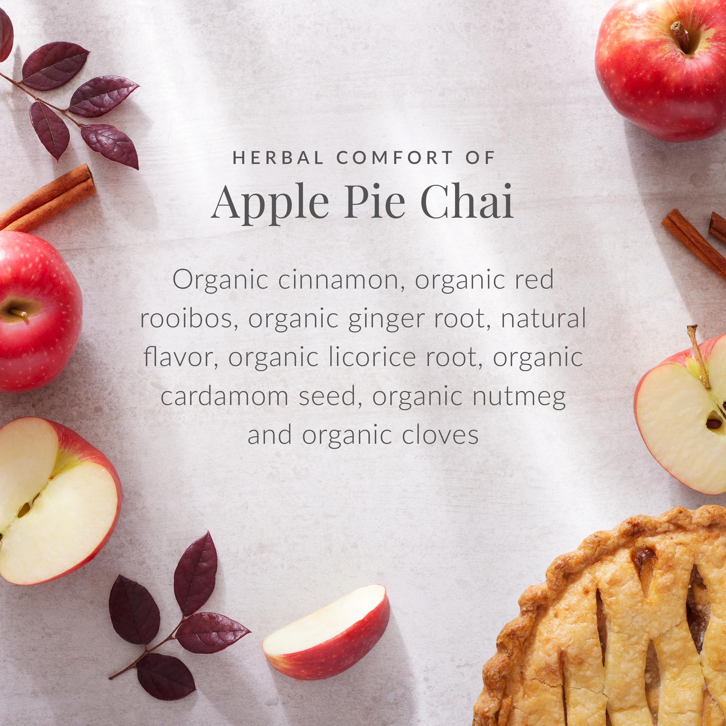 The Republic of Tea Apple Pie Chai ingredients spread showcases organic spices.
