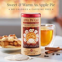 The Republic of Tea Apple Pie Chai cup with steam evokes comfort.
