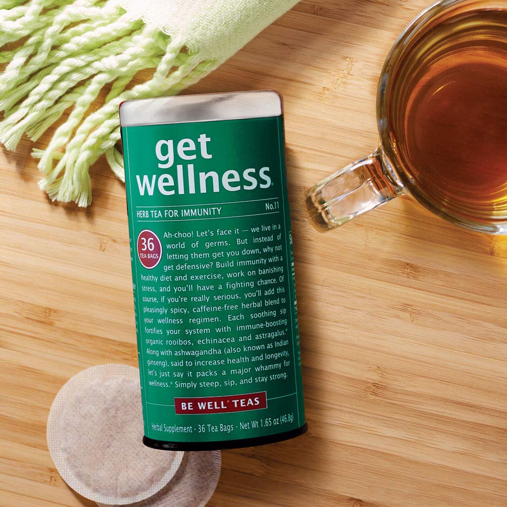 Be Well Red Rooibos tea packaging on shelf emphasizes a caffeine-free wellness option.