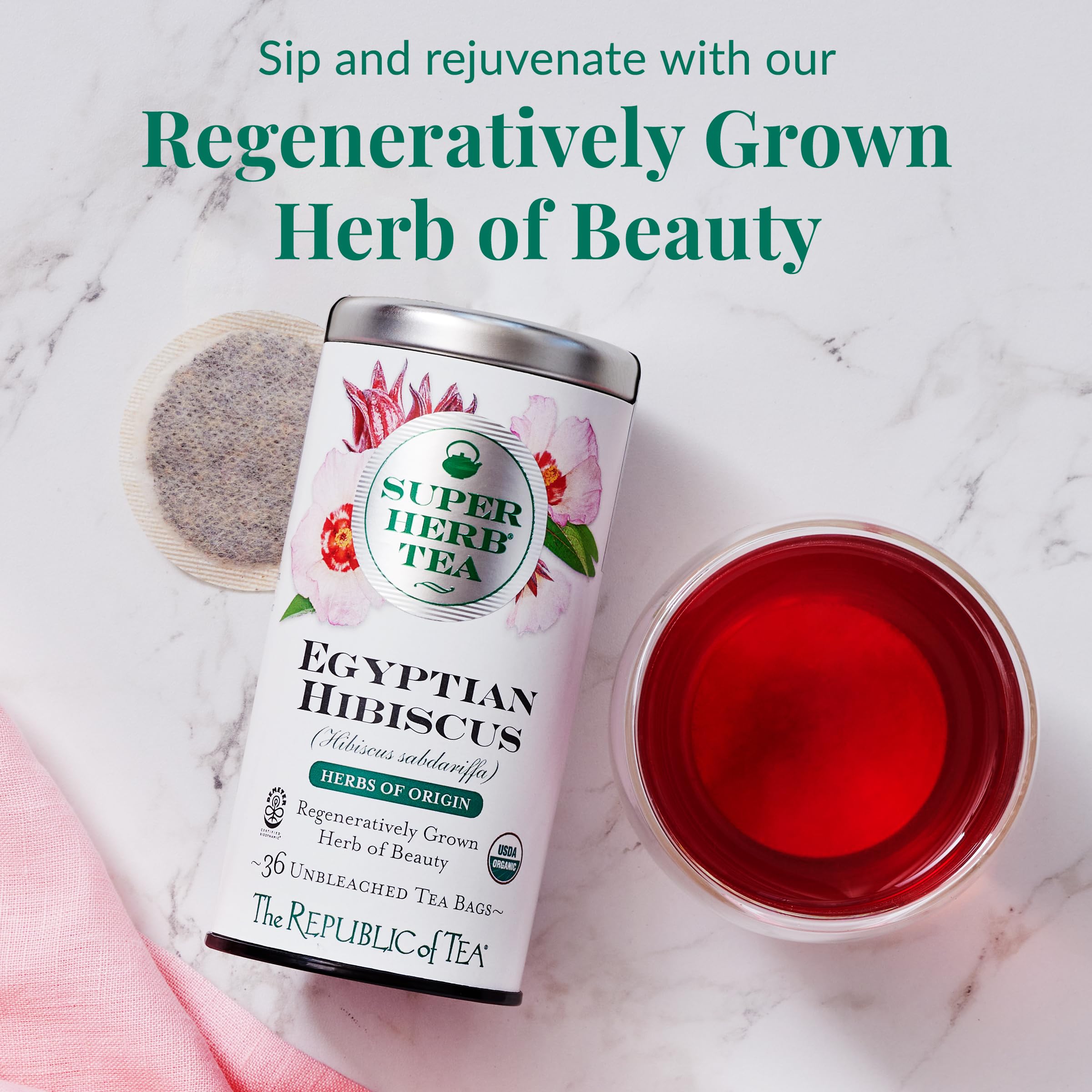 The Republic of Tea biodynamic hibiscus tea bags invite a rich, caffeine-free infusion.