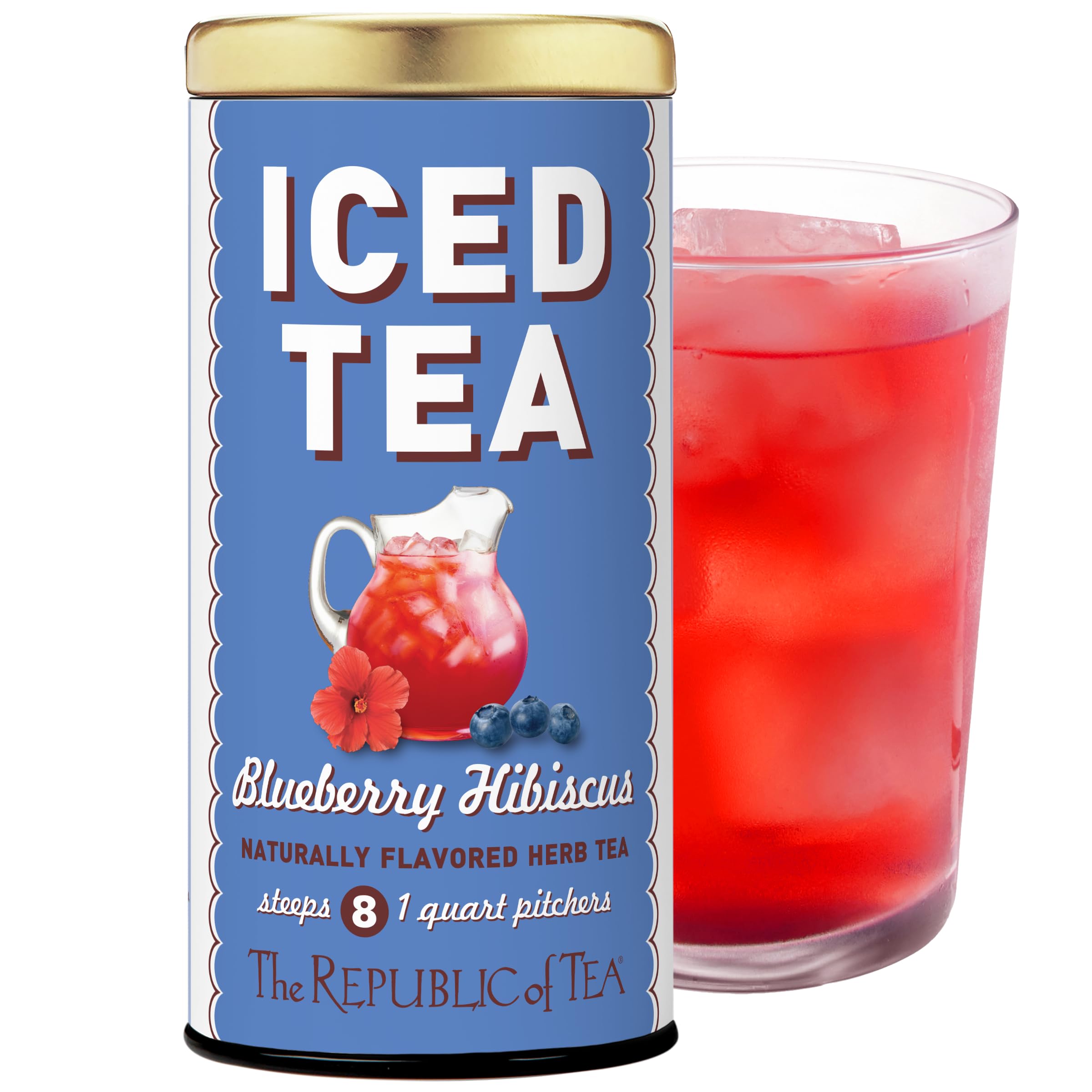 The Republic of Tea Blueberry Hibiscus Iced Tea bags for caffeine-free refreshment.