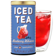 The Republic of Tea Blueberry Hibiscus Iced Tea glass over ice, vibrant color.