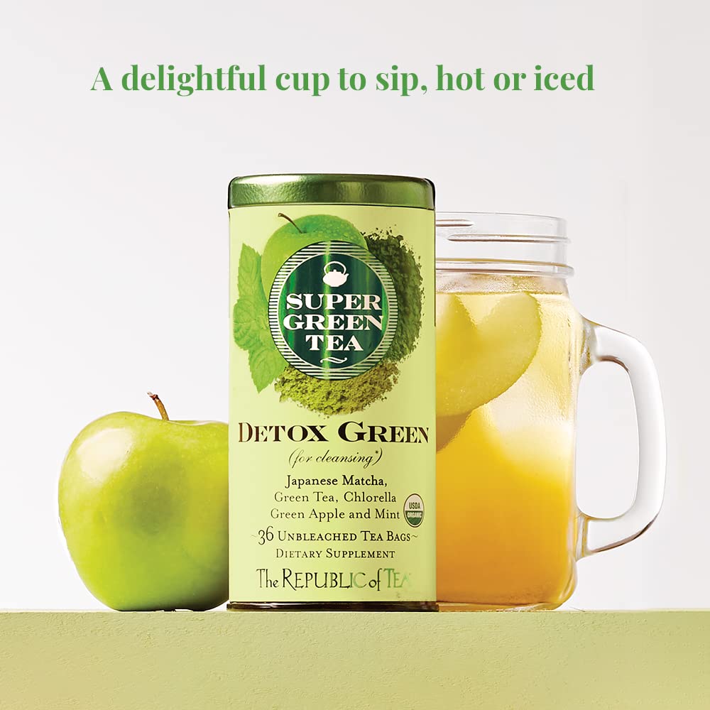 Brewing The Republic of Tea Organic SuperGreen Detox in a cup.