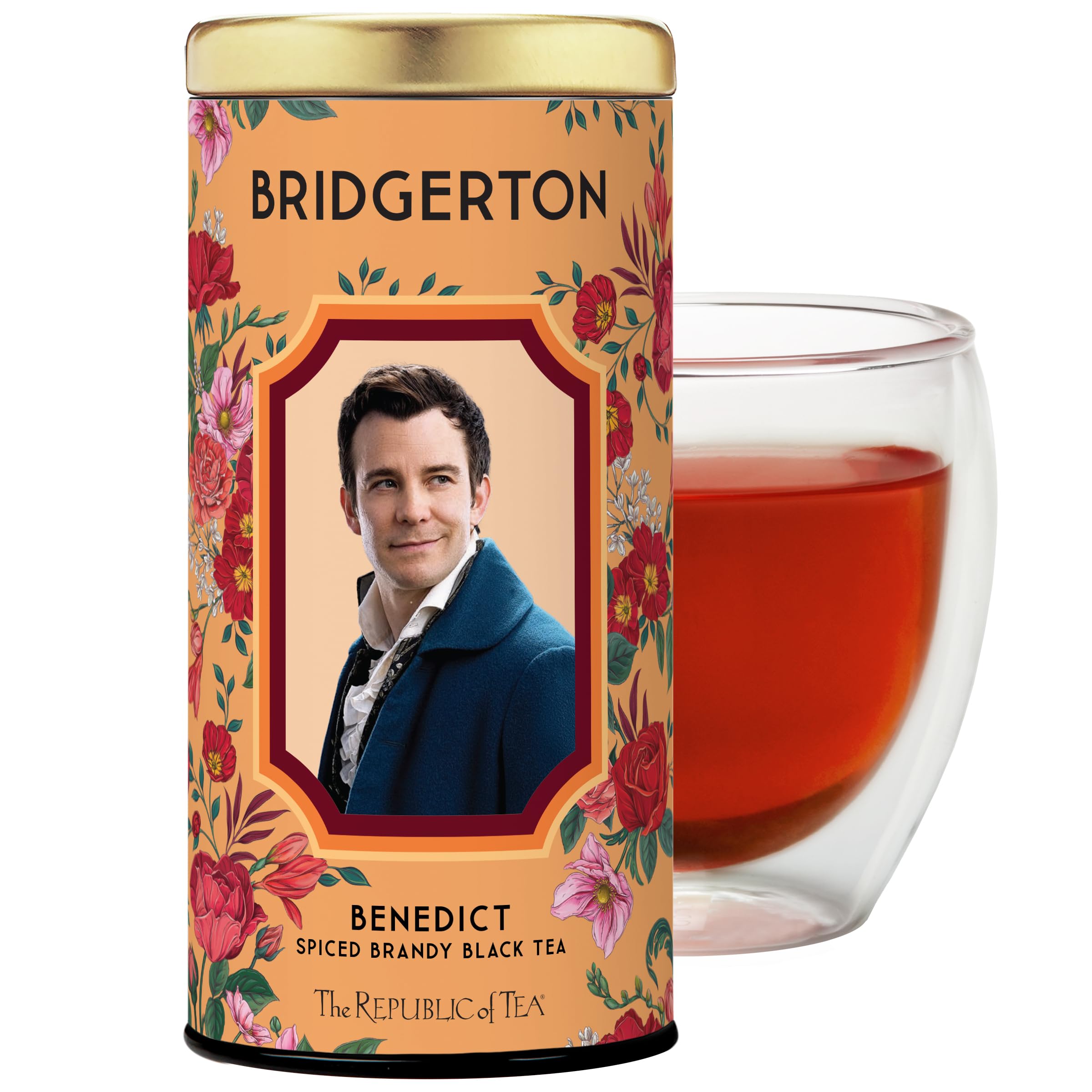 Bridgerton Benedict steeping steps image, showing 3–5 minute brew for bold flavor.