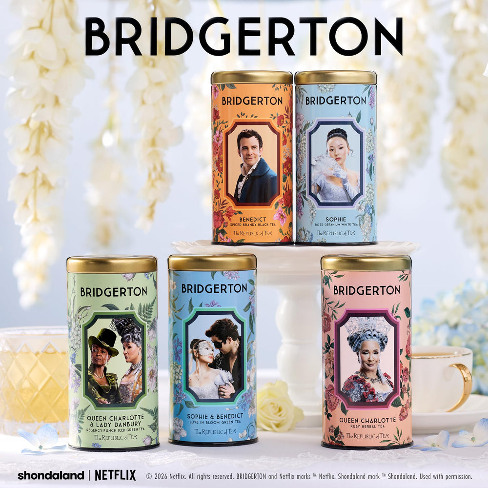 The Republic of Tea Bridgerton Queen Charlotte Ruby Tea iced glass signaling refreshing flavor