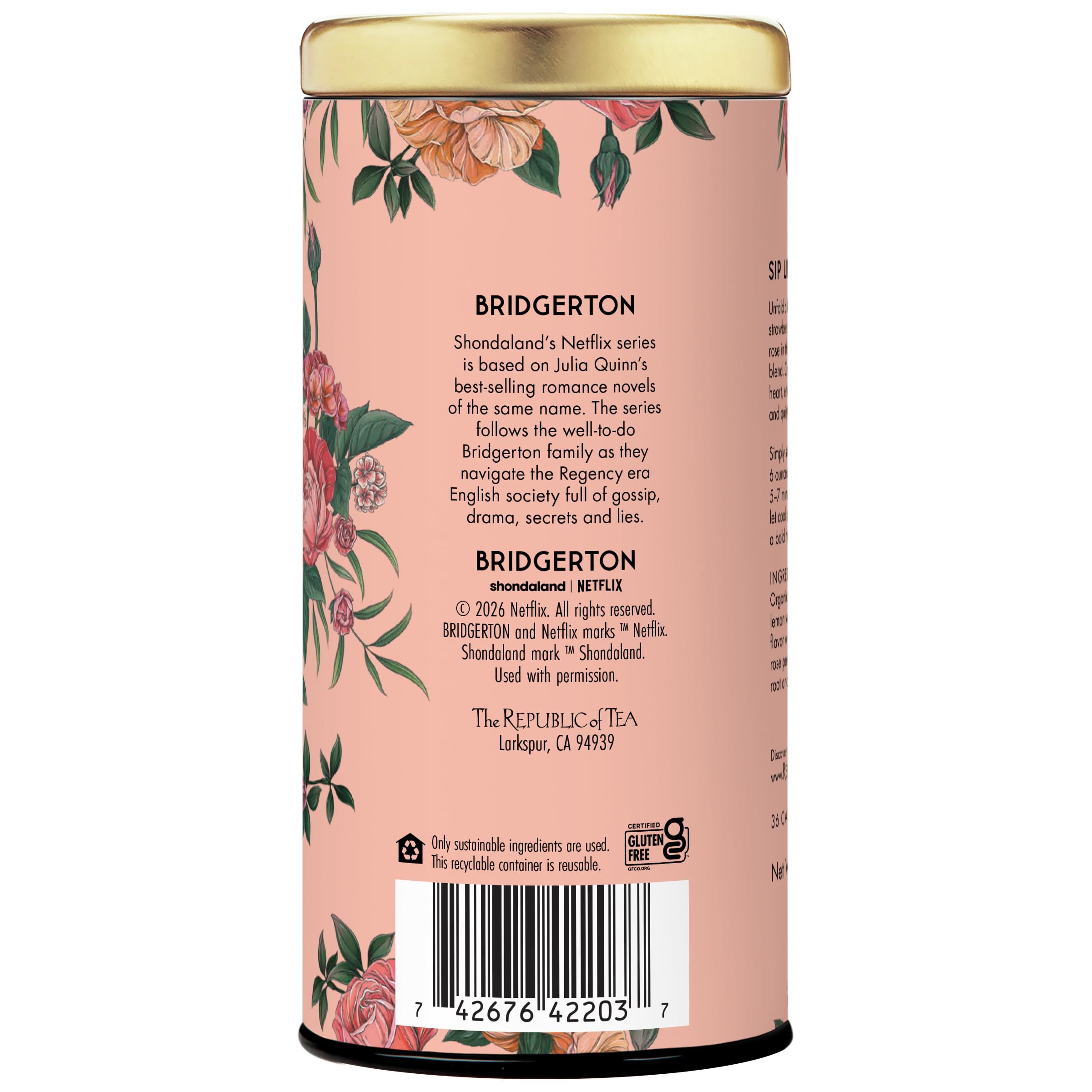 The Republic of Tea Bridgerton Queen Charlotte Ruby Tea packaging close-up suggesting premium gift appeal
