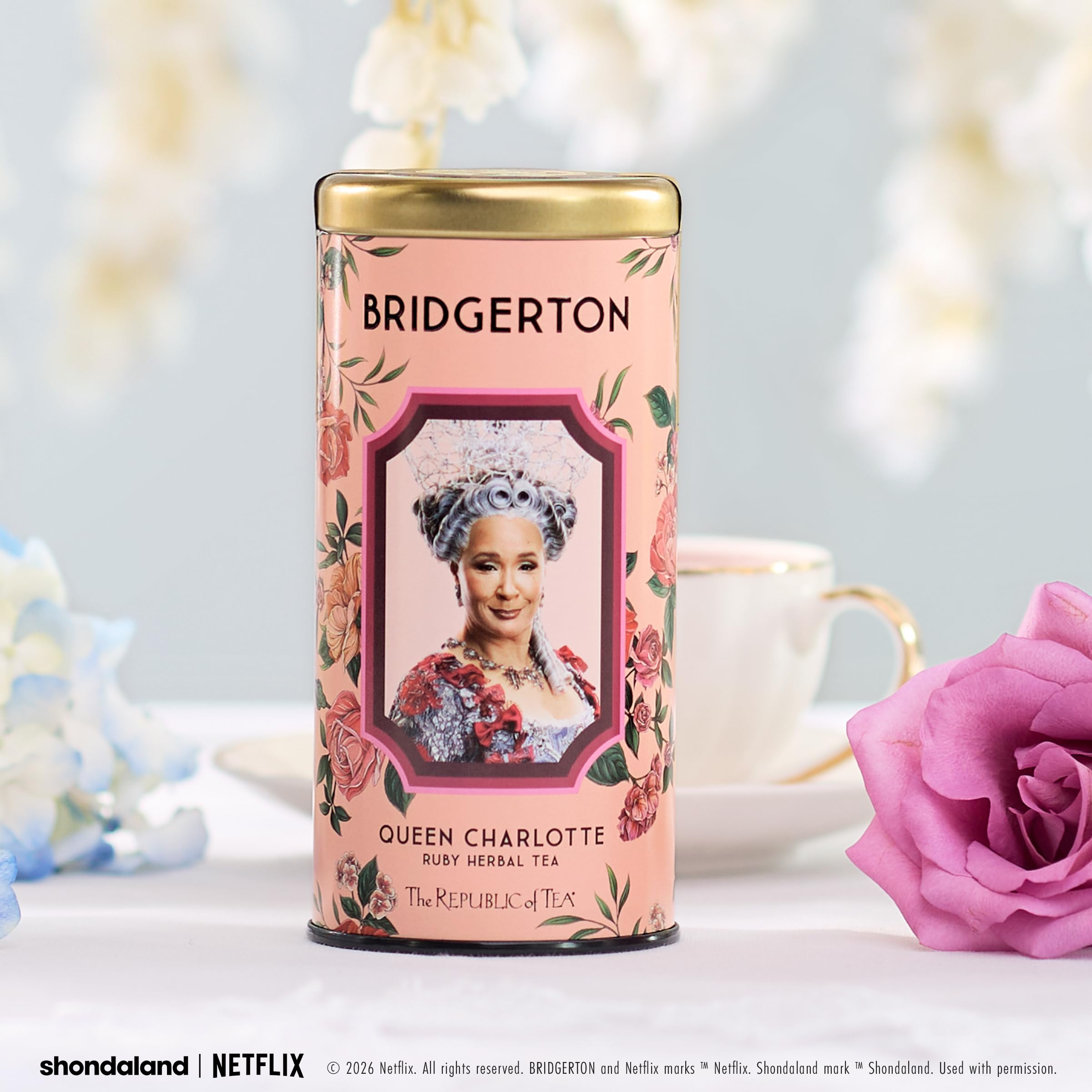 The Republic of Tea Bridgerton Queen Charlotte Ruby Tea with rose petals and hibiscus aroma