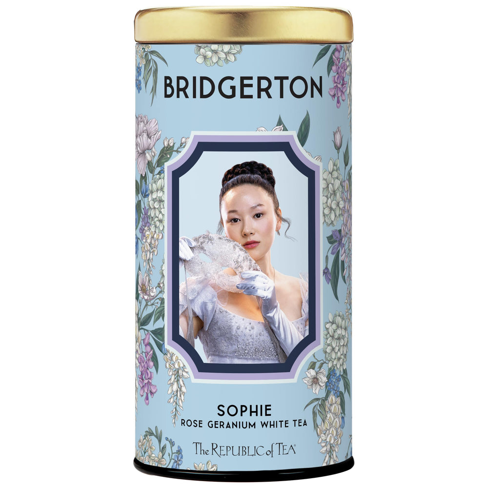 The Republic of Tea Bridgerton Sophie Rose Geranium White Tea bags offer floral aroma for a relaxing ritual