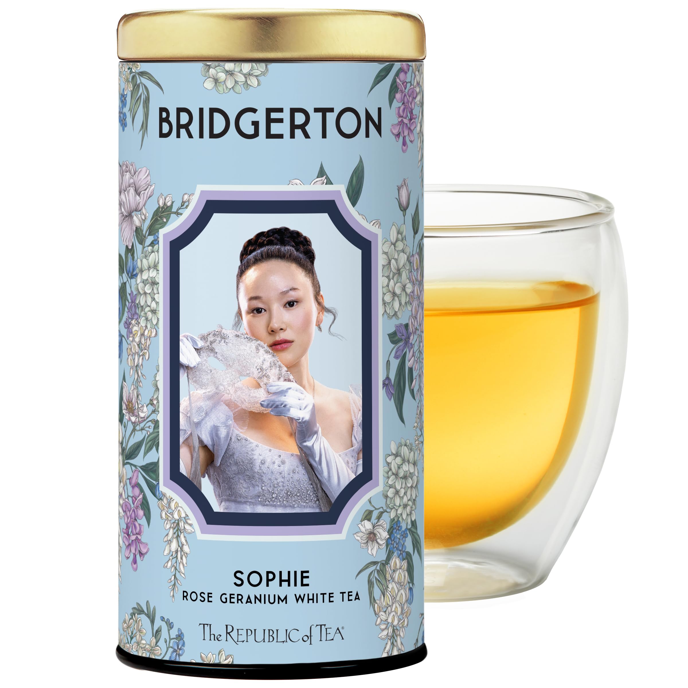The Republic of Tea Bridgerton Sophie Rose Geranium White Tea cup shows a refined, comforting infusion
