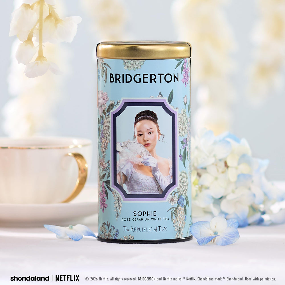 The Republic of Tea Bridgerton Sophie Rose Geranium White Tea packaging hints at a Regency-inspired moment