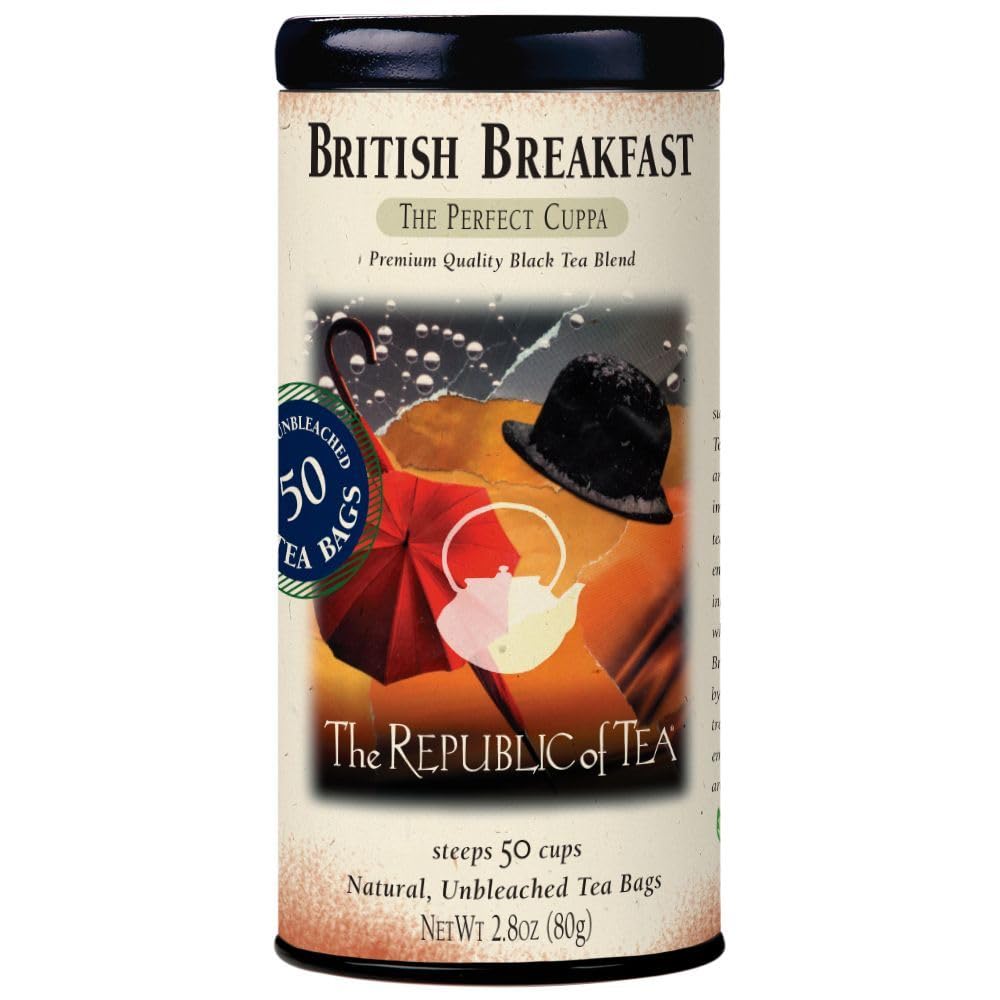 The Republic of Tea British Breakfast Tea tin with rich aroma for morning ritual.