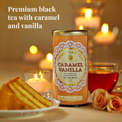 The Republic of Tea Caramel Vanilla Cuppa Cake packaging highlighting indulgent flavors.
