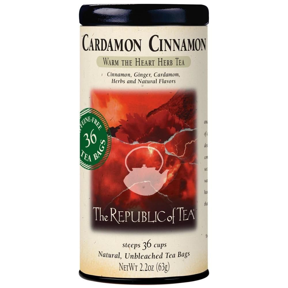 The Republic of Tea Cardamon Cinnamon tea tin front view, preserving freshness for daily use.