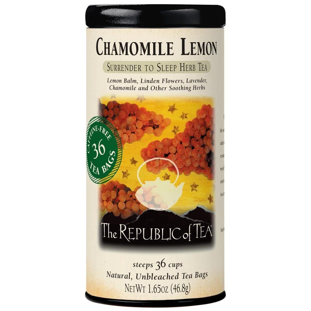 The Republic of Tea chamomile lemon tea bag in a mug, soothing ritual