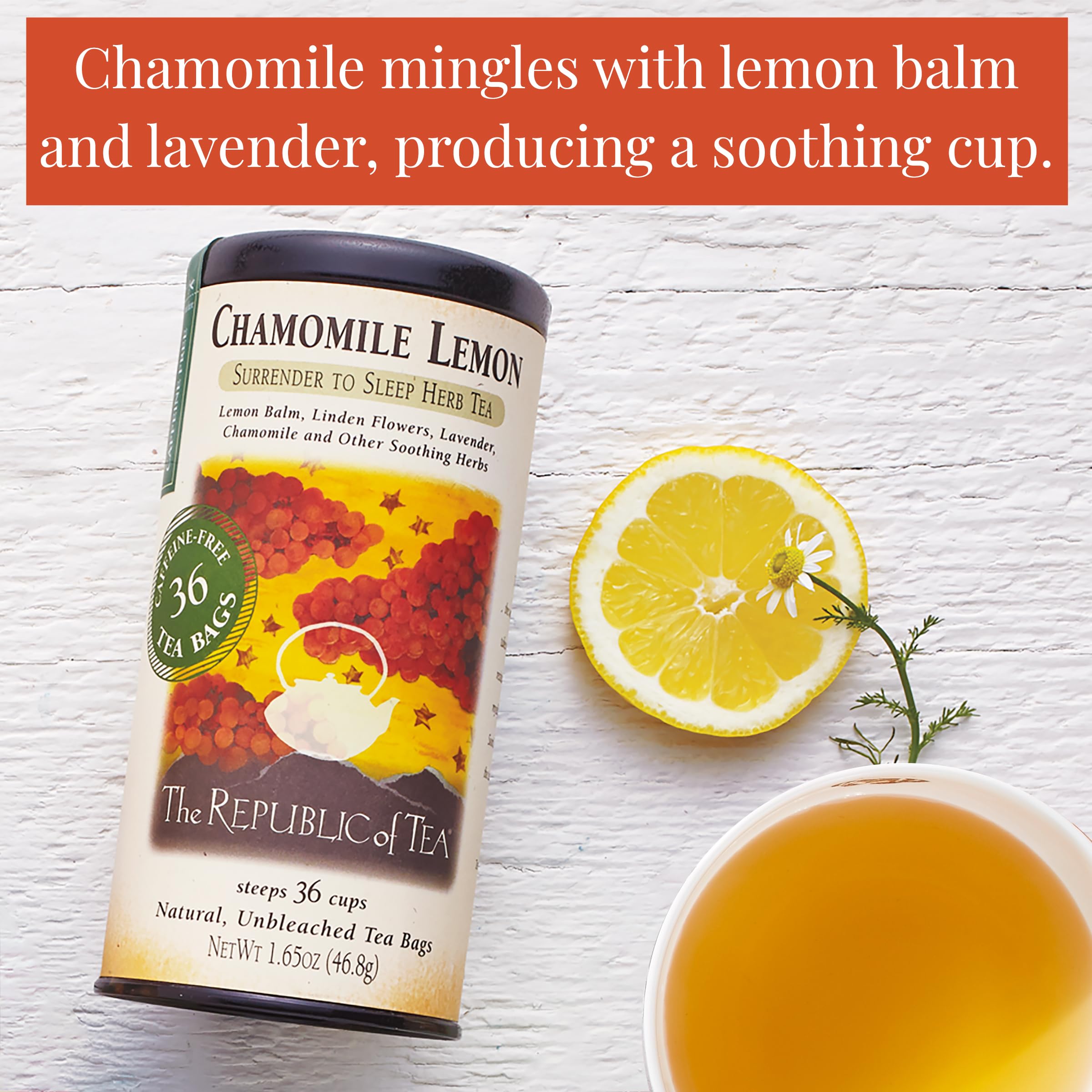 The Republic of Tea chamomile lemon tea packaging with gluten-free labeling