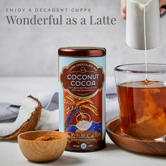 The Republic of Tea Coconut Cocoa Cuppa Chocolate cocoa powder closeup highlights cocoa and carob.
