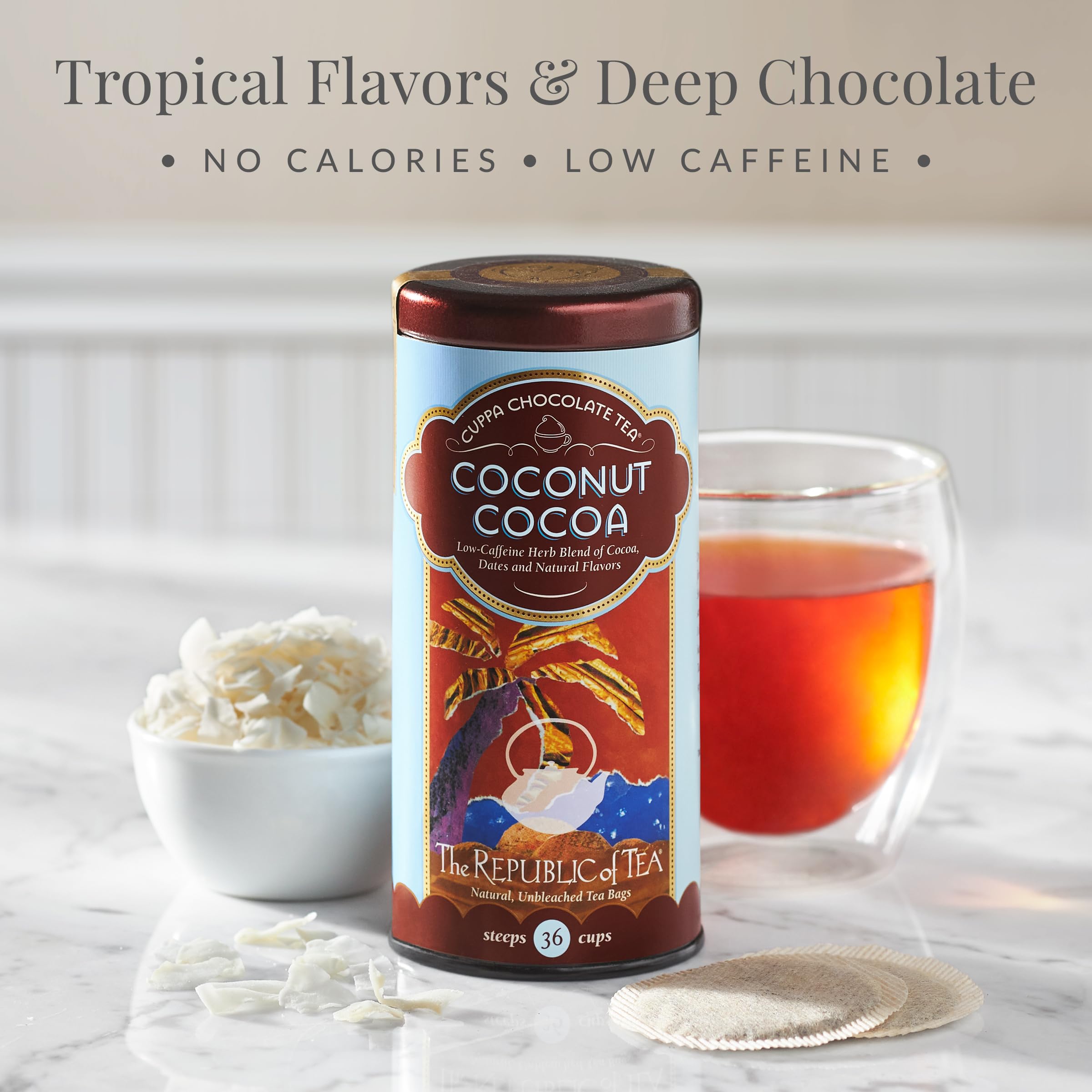 The Republic of Tea Coconut Cocoa Cuppa Chocolate tea cup steeping captures rich aroma and cocoa notes.