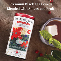 The Republic of Tea Comfort and Joy tea bags ready for a quick cup
