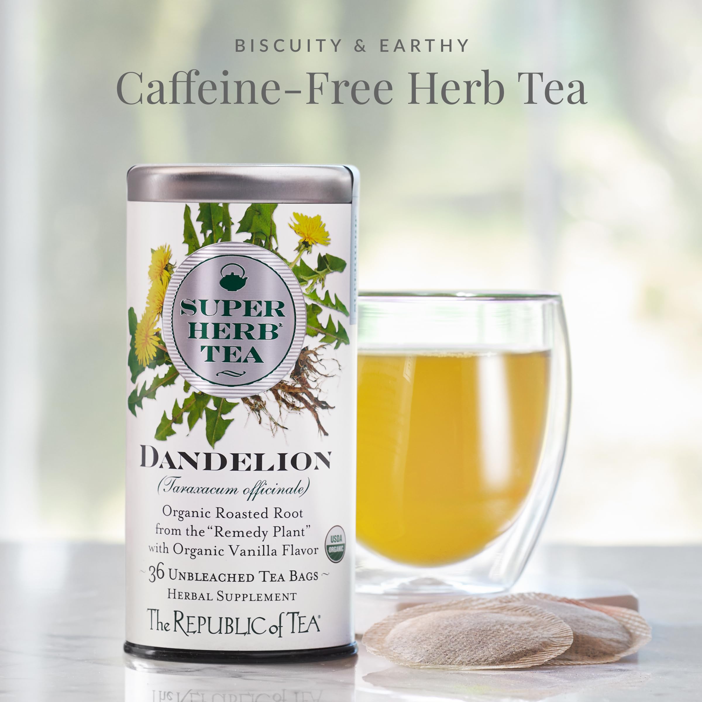 The Republic of Tea dandelion tea bags steeping for a comforting cup