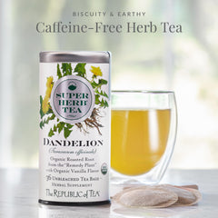 The Republic of Tea dandelion tea bags steeping for a comforting cup