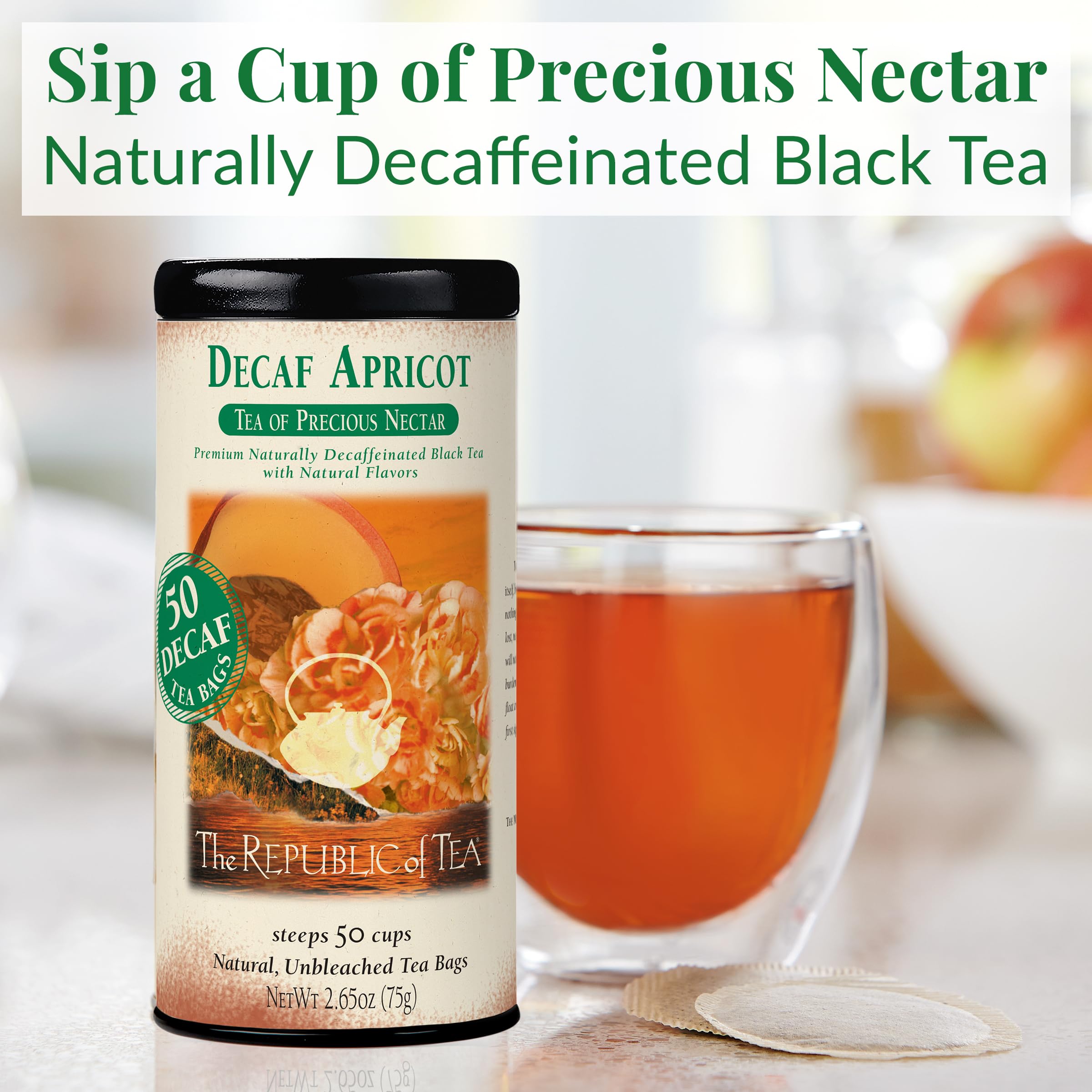 The Republic of Tea decaf apricot black tea bags ready for brewing