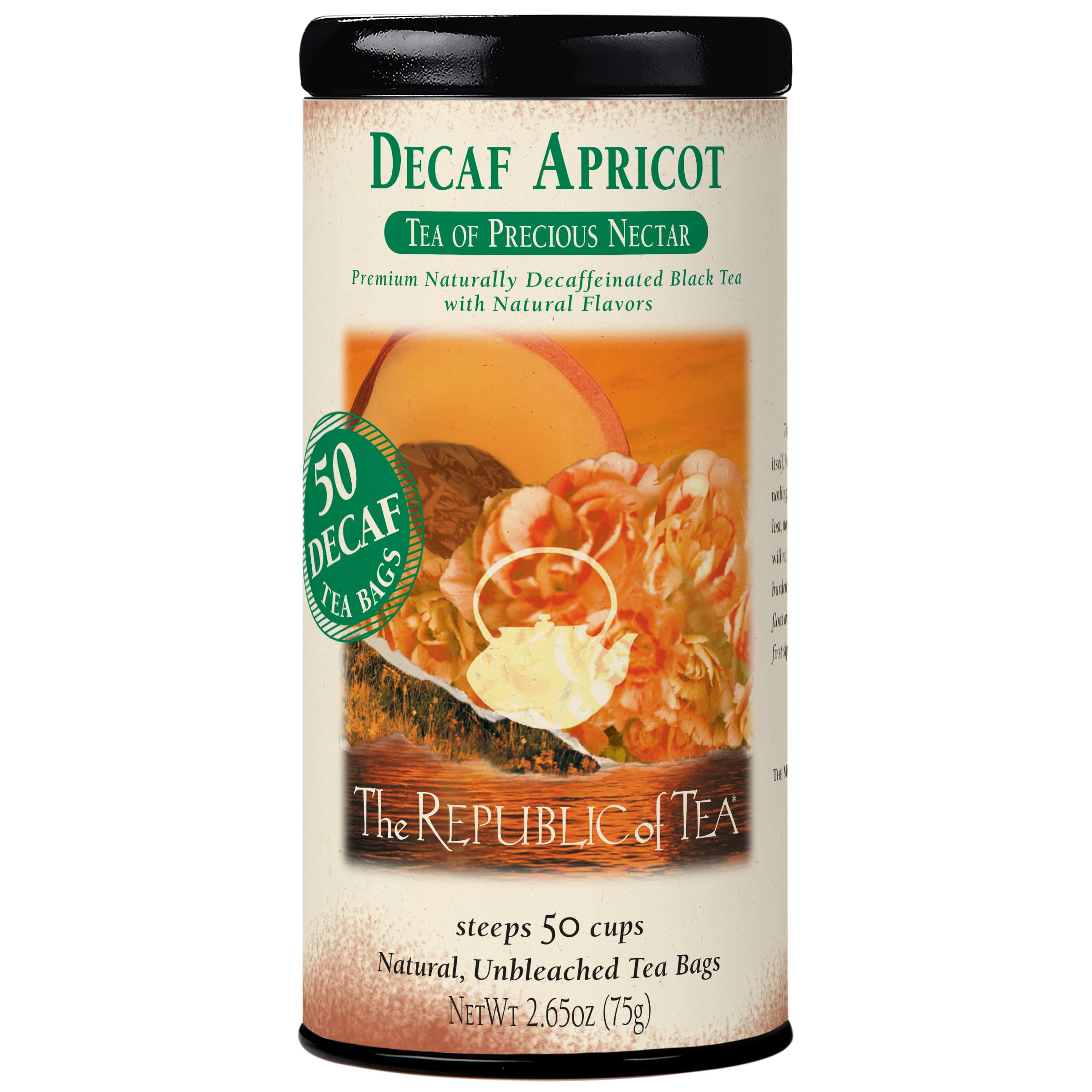 The Republic of Tea decaf apricot black tea tin displaying premium packaging